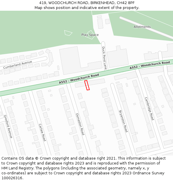 419, WOODCHURCH ROAD, BIRKENHEAD, CH42 8PF: Location map and indicative extent of plot