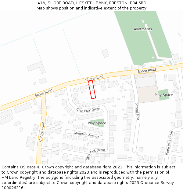 41A, SHORE ROAD, HESKETH BANK, PRESTON, PR4 6RD: Location map and indicative extent of plot