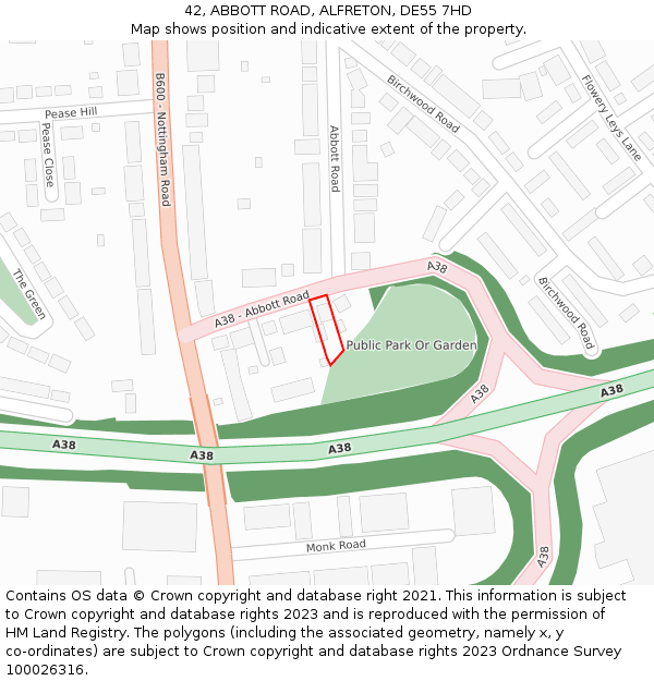 42, ABBOTT ROAD, ALFRETON, DE55 7HD: Location map and indicative extent of plot