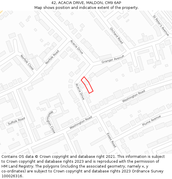 42, ACACIA DRIVE, MALDON, CM9 6AP: Location map and indicative extent of plot