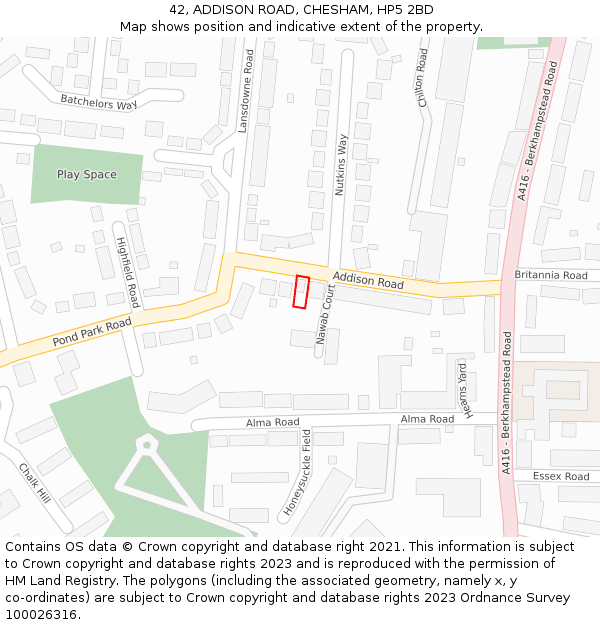 42, ADDISON ROAD, CHESHAM, HP5 2BD: Location map and indicative extent of plot