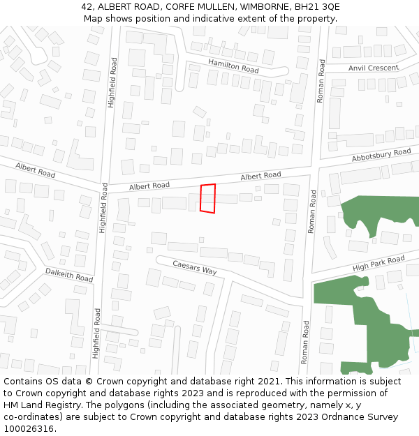 42, ALBERT ROAD, CORFE MULLEN, WIMBORNE, BH21 3QE: Location map and indicative extent of plot