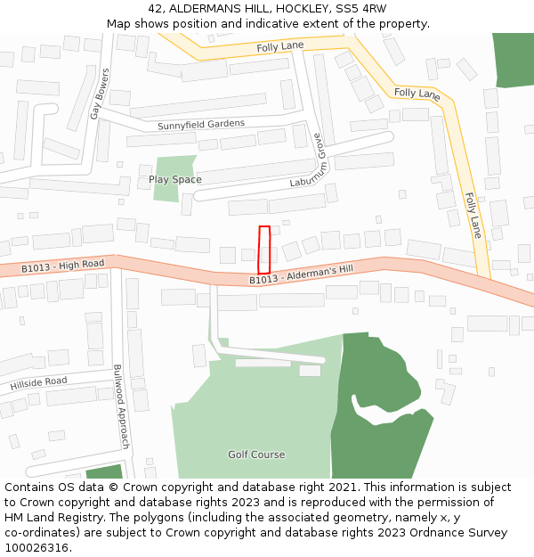 42, ALDERMANS HILL, HOCKLEY, SS5 4RW: Location map and indicative extent of plot