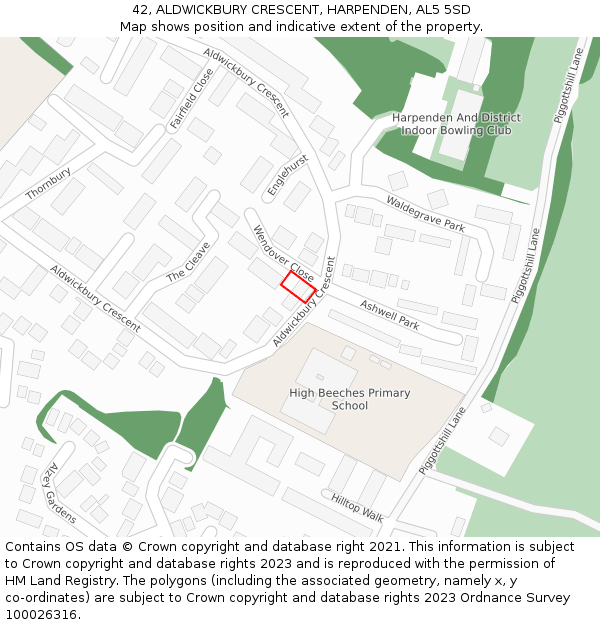 42, ALDWICKBURY CRESCENT, HARPENDEN, AL5 5SD: Location map and indicative extent of plot