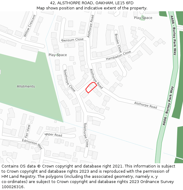 42, ALSTHORPE ROAD, OAKHAM, LE15 6FD: Location map and indicative extent of plot