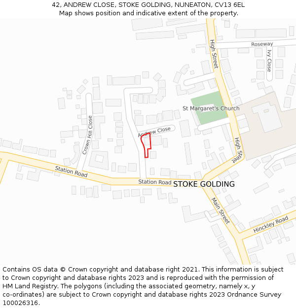 42, ANDREW CLOSE, STOKE GOLDING, NUNEATON, CV13 6EL: Location map and indicative extent of plot