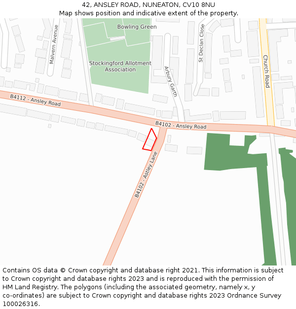 42, ANSLEY ROAD, NUNEATON, CV10 8NU: Location map and indicative extent of plot