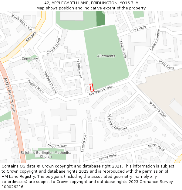42, APPLEGARTH LANE, BRIDLINGTON, YO16 7LA: Location map and indicative extent of plot