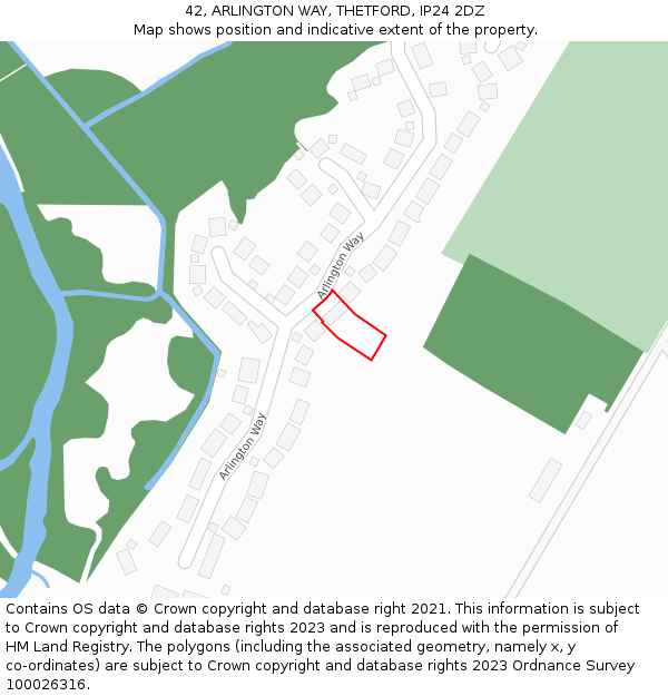 42, ARLINGTON WAY, THETFORD, IP24 2DZ: Location map and indicative extent of plot