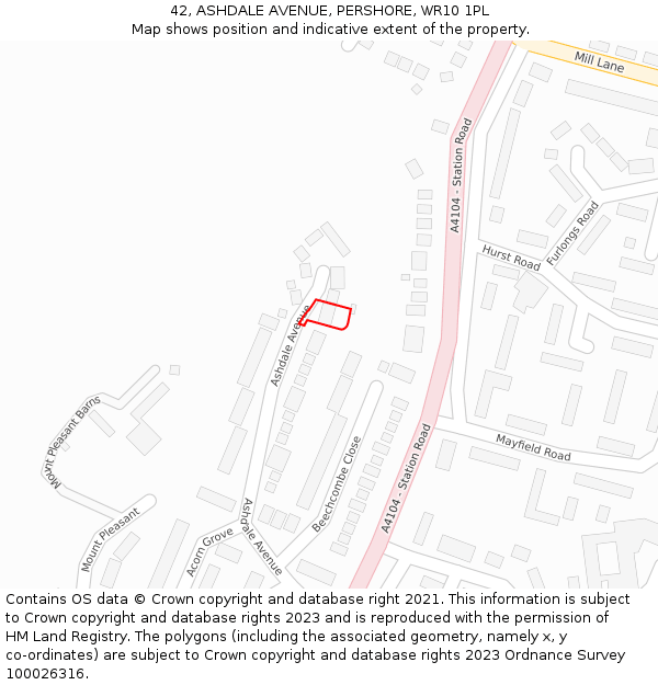 42, ASHDALE AVENUE, PERSHORE, WR10 1PL: Location map and indicative extent of plot