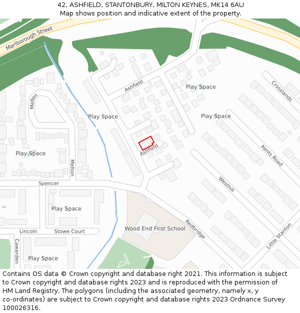 42, ASHFIELD, STANTONBURY, MILTON KEYNES, MK14 6AU: Location map and indicative extent of plot