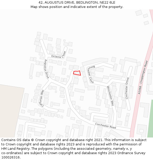 42, AUGUSTUS DRIVE, BEDLINGTON, NE22 6LE: Location map and indicative extent of plot