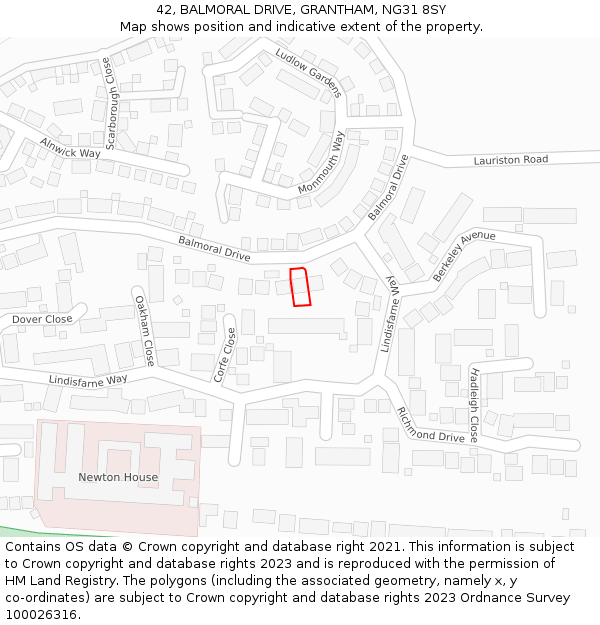 42, BALMORAL DRIVE, GRANTHAM, NG31 8SY: Location map and indicative extent of plot