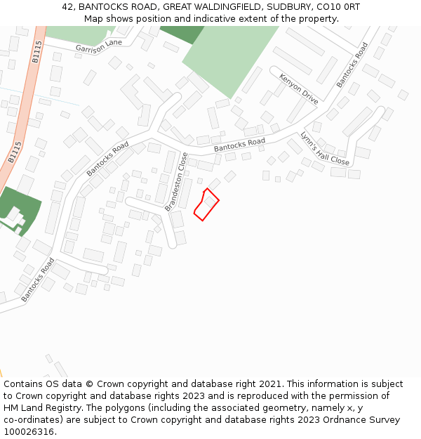 42, BANTOCKS ROAD, GREAT WALDINGFIELD, SUDBURY, CO10 0RT: Location map and indicative extent of plot