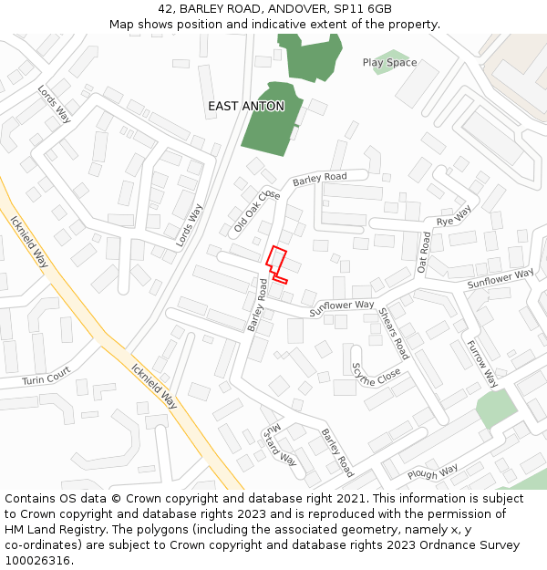 42, BARLEY ROAD, ANDOVER, SP11 6GB: Location map and indicative extent of plot