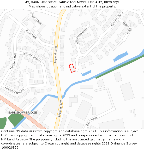 42, BARN HEY DRIVE, FARINGTON MOSS, LEYLAND, PR26 6QX: Location map and indicative extent of plot