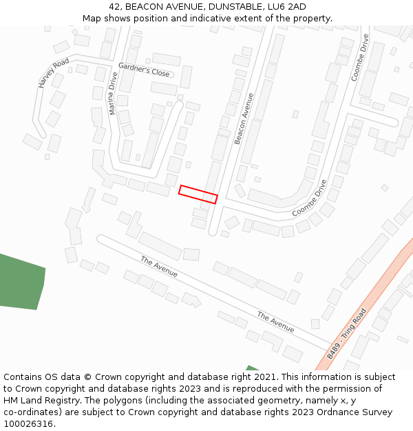 42, BEACON AVENUE, DUNSTABLE, LU6 2AD: Location map and indicative extent of plot