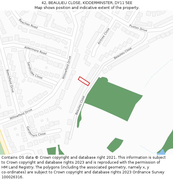 42, BEAULIEU CLOSE, KIDDERMINSTER, DY11 5EE: Location map and indicative extent of plot