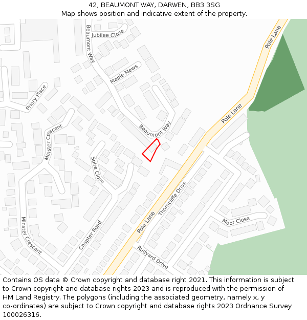 42, BEAUMONT WAY, DARWEN, BB3 3SG: Location map and indicative extent of plot