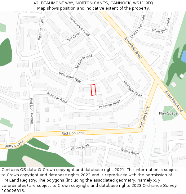 42, BEAUMONT WAY, NORTON CANES, CANNOCK, WS11 9FQ: Location map and indicative extent of plot