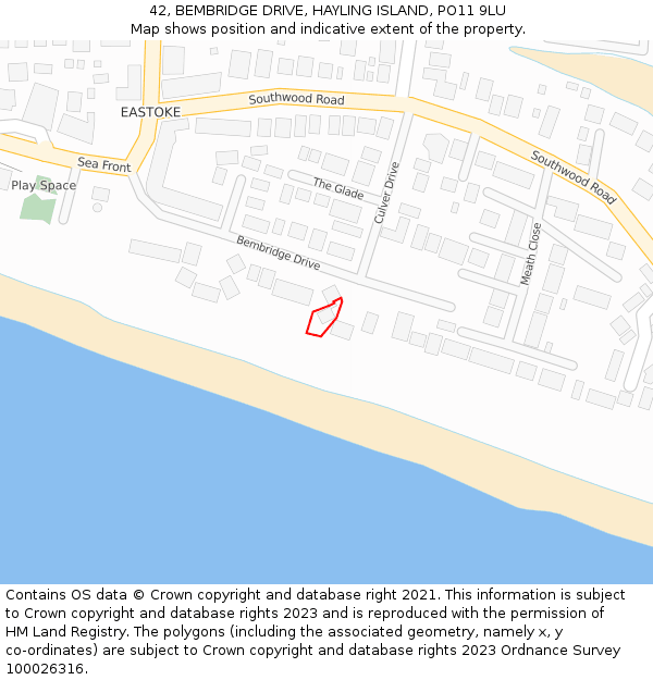 42, BEMBRIDGE DRIVE, HAYLING ISLAND, PO11 9LU: Location map and indicative extent of plot