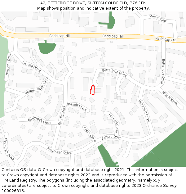 42, BETTERIDGE DRIVE, SUTTON COLDFIELD, B76 1FN: Location map and indicative extent of plot