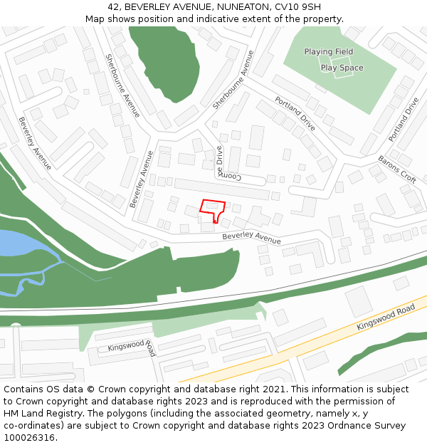 42, BEVERLEY AVENUE, NUNEATON, CV10 9SH: Location map and indicative extent of plot