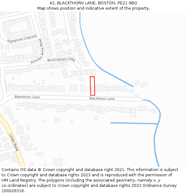 42, BLACKTHORN LANE, BOSTON, PE21 9BG: Location map and indicative extent of plot