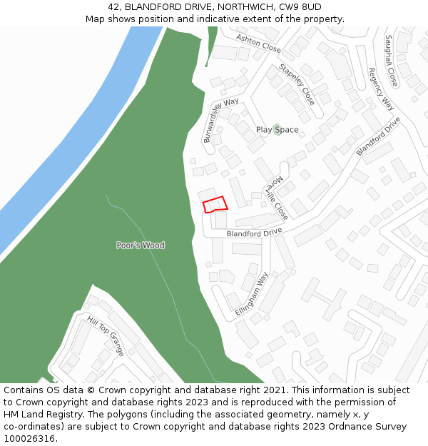 42, BLANDFORD DRIVE, NORTHWICH, CW9 8UD: Location map and indicative extent of plot