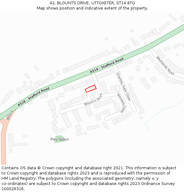 42, BLOUNTS DRIVE, UTTOXETER, ST14 8TQ: Location map and indicative extent of plot