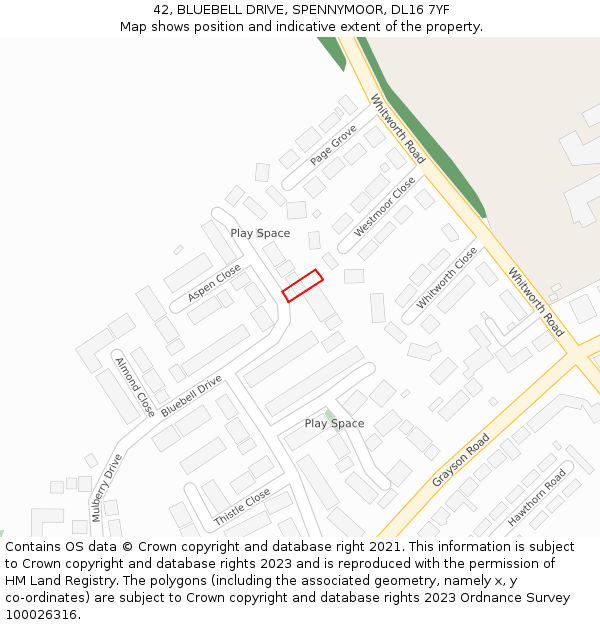 42, BLUEBELL DRIVE, SPENNYMOOR, DL16 7YF: Location map and indicative extent of plot