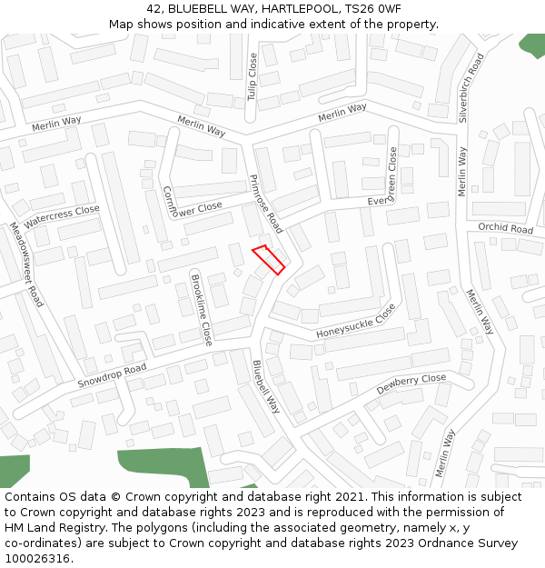 42, BLUEBELL WAY, HARTLEPOOL, TS26 0WF: Location map and indicative extent of plot