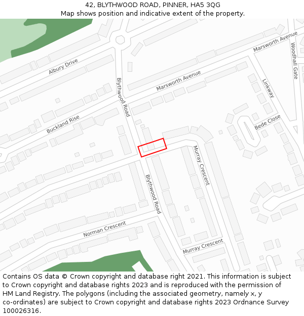 42, BLYTHWOOD ROAD, PINNER, HA5 3QG: Location map and indicative extent of plot