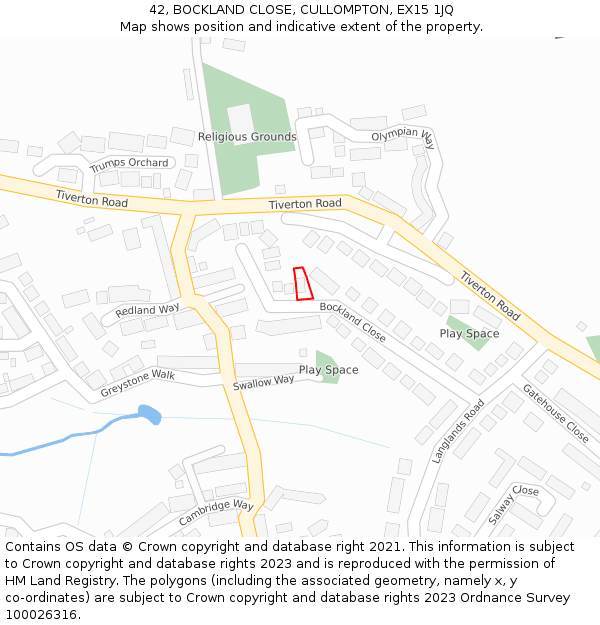 42, BOCKLAND CLOSE, CULLOMPTON, EX15 1JQ: Location map and indicative extent of plot