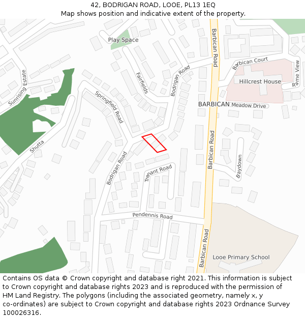42, BODRIGAN ROAD, LOOE, PL13 1EQ: Location map and indicative extent of plot