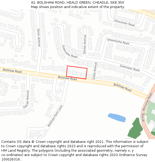 42, BOLSHAW ROAD, HEALD GREEN, CHEADLE, SK8 3NY: Location map and indicative extent of plot