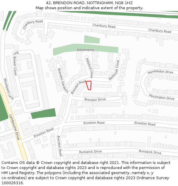 42, BRENDON ROAD, NOTTINGHAM, NG8 1HZ: Location map and indicative extent of plot