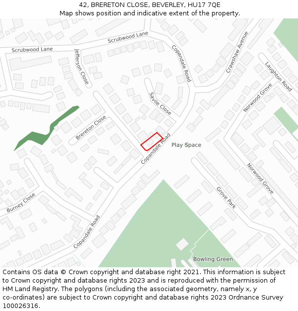 42, BRERETON CLOSE, BEVERLEY, HU17 7QE: Location map and indicative extent of plot