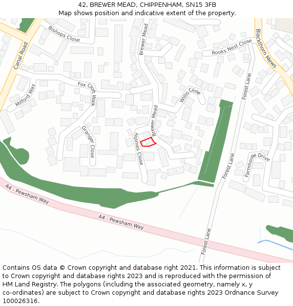 42, BREWER MEAD, CHIPPENHAM, SN15 3FB: Location map and indicative extent of plot