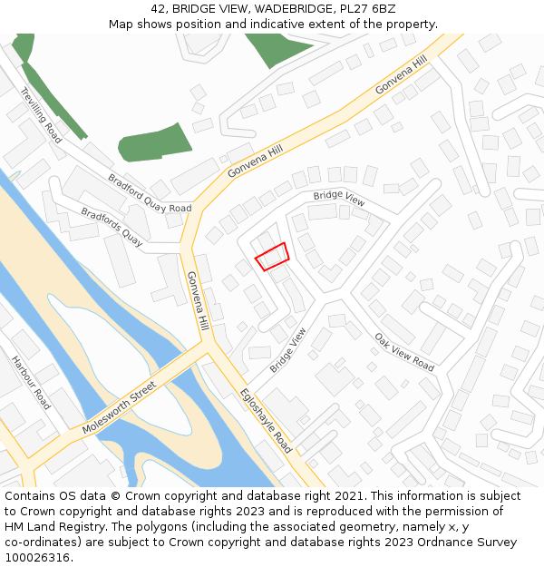 42, BRIDGE VIEW, WADEBRIDGE, PL27 6BZ: Location map and indicative extent of plot