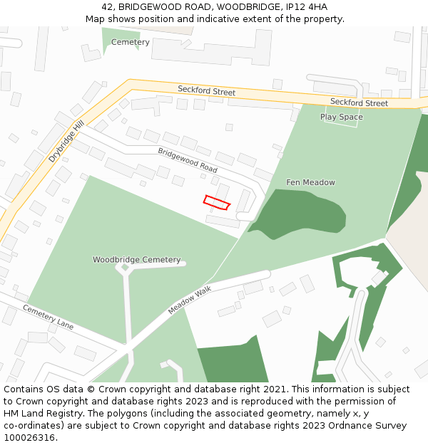 42, BRIDGEWOOD ROAD, WOODBRIDGE, IP12 4HA: Location map and indicative extent of plot