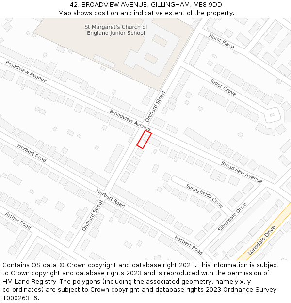 42, BROADVIEW AVENUE, GILLINGHAM, ME8 9DD: Location map and indicative extent of plot