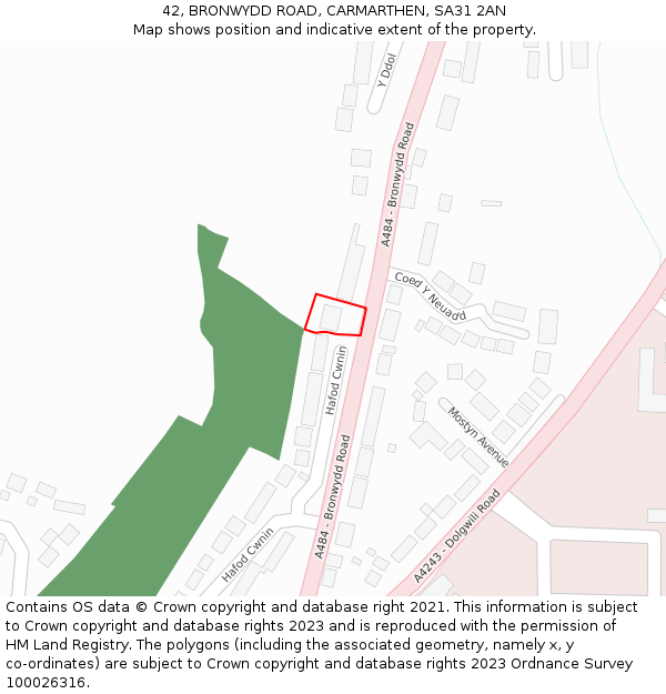 42, BRONWYDD ROAD, CARMARTHEN, SA31 2AN: Location map and indicative extent of plot