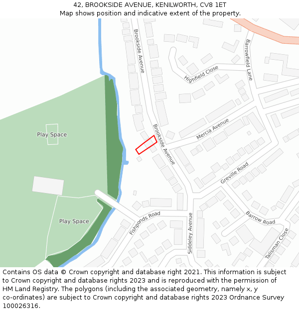 42, BROOKSIDE AVENUE, KENILWORTH, CV8 1ET: Location map and indicative extent of plot