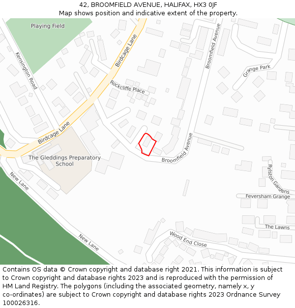 42, BROOMFIELD AVENUE, HALIFAX, HX3 0JF: Location map and indicative extent of plot