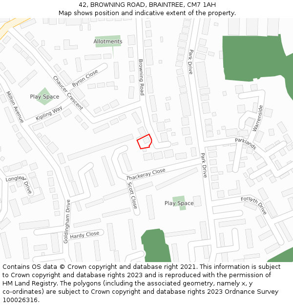 42, BROWNING ROAD, BRAINTREE, CM7 1AH: Location map and indicative extent of plot