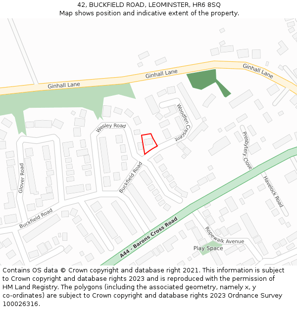 42, BUCKFIELD ROAD, LEOMINSTER, HR6 8SQ: Location map and indicative extent of plot