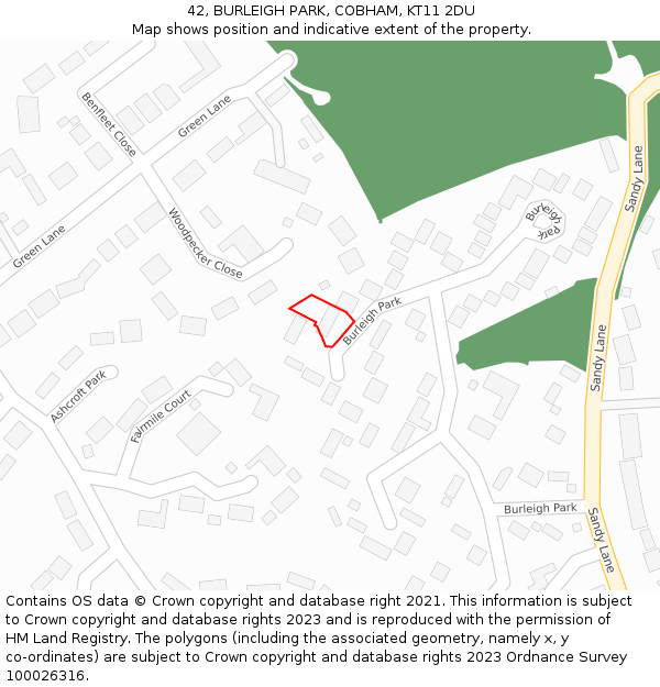 42, BURLEIGH PARK, COBHAM, KT11 2DU: Location map and indicative extent of plot