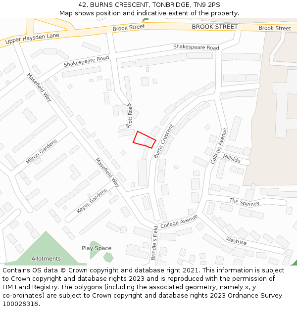 42, BURNS CRESCENT, TONBRIDGE, TN9 2PS: Location map and indicative extent of plot