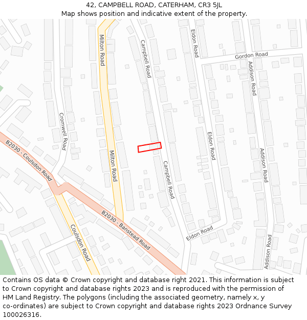 42, CAMPBELL ROAD, CATERHAM, CR3 5JL: Location map and indicative extent of plot